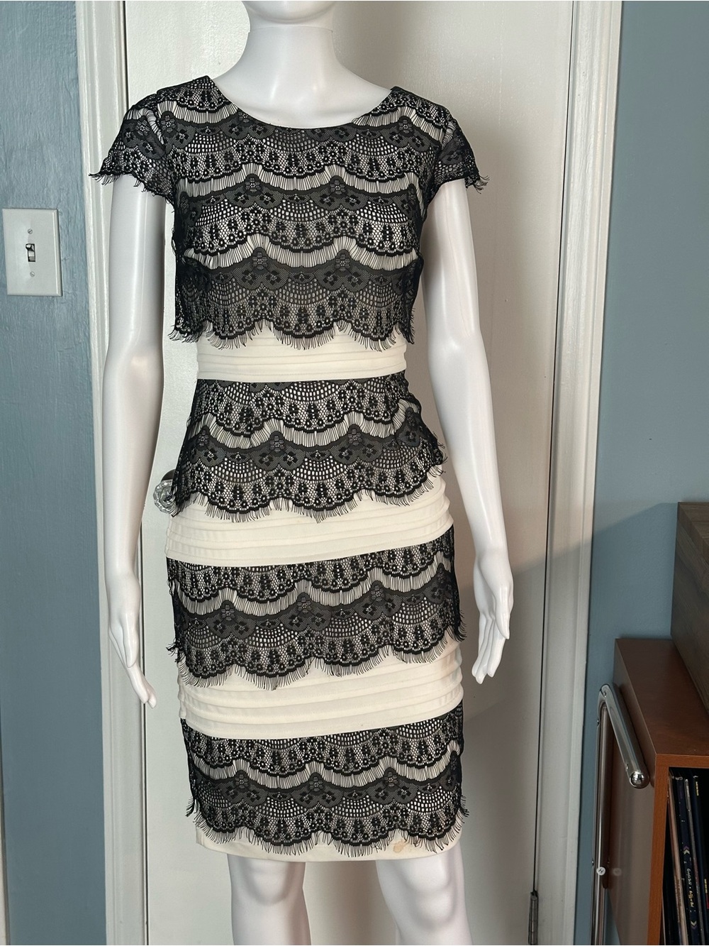 Black Lace Overlay White Dress - Elegant Layered Sheath
